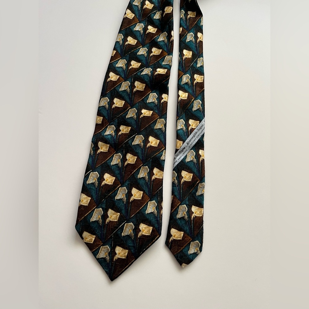 Ermenegildo Zegna Brown Teal Gold Floral Flowers Silk Italy Neck Tie